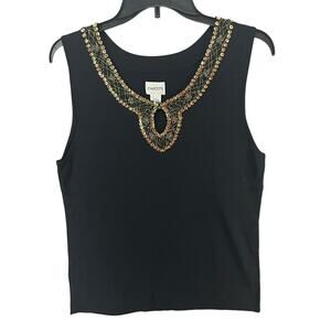 Chicos Cleopatra Tank Top Womens US L Black Knit Sequins Beads Stretch Boho Chic